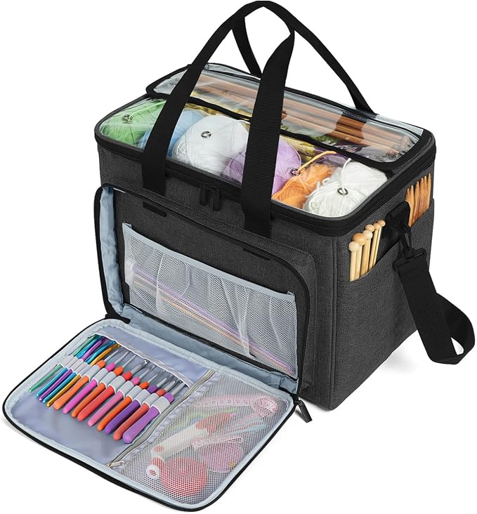 Teamoy Knitting Bag, Yarn Storage Organizer Crochet Bag Tote, Black | Yarn Holder with Inner Divider(Sewn to Bottom) for Crochet Hook, Knitting Needles(Up to 14"), Project and Crocheting Supplies