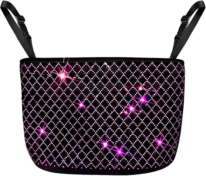 zipelo Bling Car Net Pocket Handbag Holder, Rhinestone Vehicle Backseat Purse Organizer Between Seats, Diamond Hanging Storage Bag Barrier of Pet Kids, Universal Automotive Accessories (Pink)