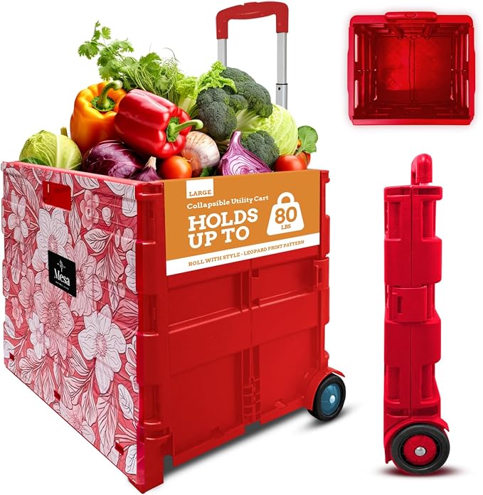 Inspired Living Ultra-Slim Rolling Collapsible Storage Pack-N-Roll Utility-carts, with Telescopic Handle, for Home, Garden, Shopping, Office, School use, Large, Red, White Flower Print