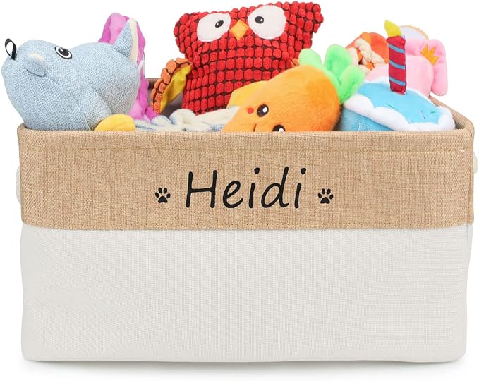Personalized Dog Toy Box, Dog Toy Basket Storage with Cotton Handle, Customized Name and Paw Heart Print Puppy Toy Bin for Organizing Food Clothes and Pets Accessories(Paw Beige)