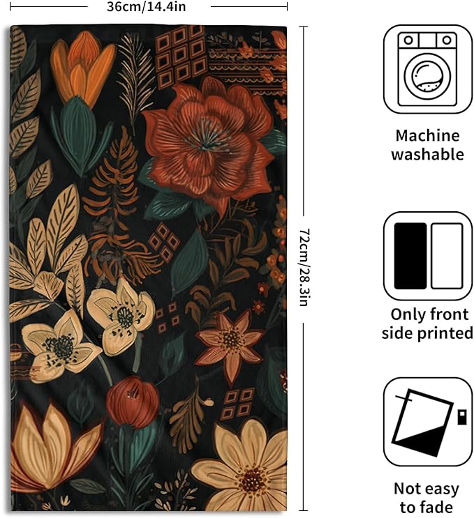 Giwawa Boho Floral Hand Towels Set of 2 Black Mid Century Fingertip Towel Absorbent Face Towel Soft Dish Towels for Gym Bath Kitchen Home Decor