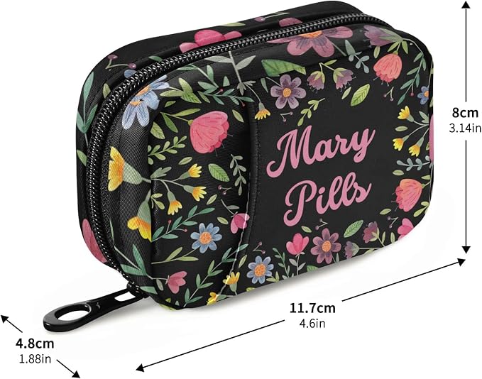 Custom Pill Box 7 Day Pill Case Bag Floral Flowers Personalized Name Travel Pill Organizer Bag with Zipper Portable Weekly Case Compact Size for Vitamin Supplement Holder