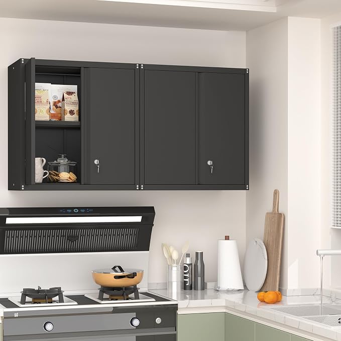 28" H Garage Storage Cabinet, Metal Garage Wall Cabinets with Doors and Shelves, Small Wall Mount Cabinet for Kitchen, Garage, Laundry Room, Pantry, Black
