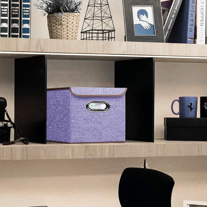 Storage Bin [Set of 4] Linen Fabric Foldable Container with Lid, Collapsible Organizer Boxes Cubes – 10 x 10 x 10 Inches (Purple)