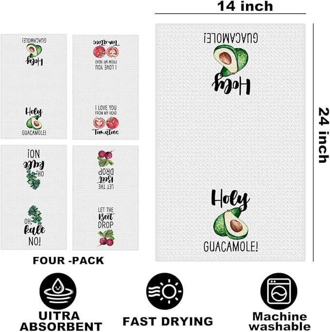 4Pcs Funny Vegetable Kitchen Towels 24x14 Inch, Tomato Avocado Carrot Decor Microfiber Reusable Tea Towels for Bathroom Farmhouse, Durable Waffle Dish Drying Towel, Housewarming Gifts for Women Mom