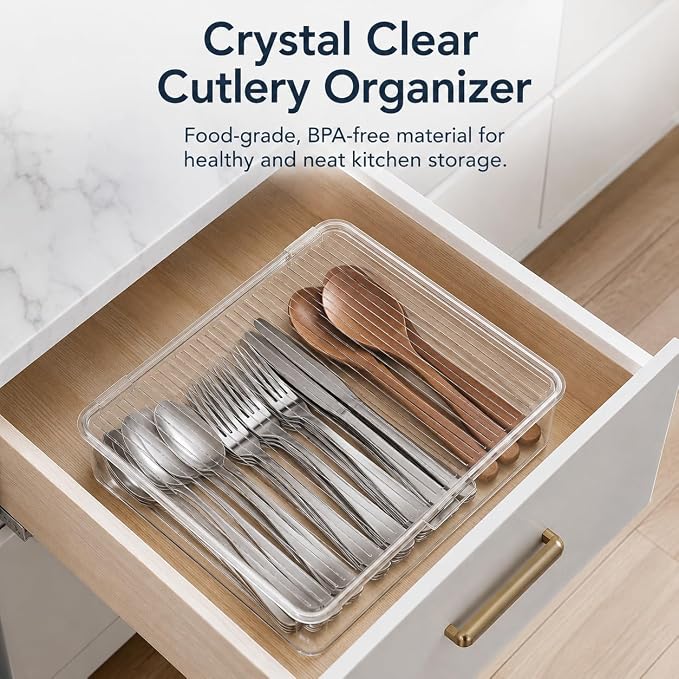 Clear Plastic Storage Bin with Lid, Small Silverware Organizer with Cover, Transparent Kitchen Utensil Drawer Tray for RV Countertop Flatware