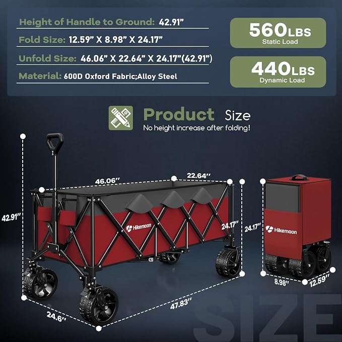 48'' Extra Large Collapsible Wagon, Big Wheels, 300L Blue & Grey | 560LBS Heavy Duty, Wagons Carts Foldable, All-Terrain, Brakes, Folding Cart, Utility for Beach/Camping/Garden/Sports/Grocery