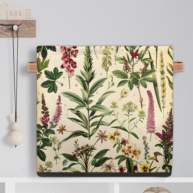 Wildflower Botanical Storage Bin, 13 Inch Collapsible Fabric Storage Bin, Floral Vintage Foldable Cube Basket for Shelf, Closet, Organizer
