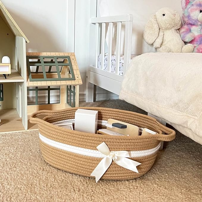 CHICVITA Small Woven Rope Gift Basket, Decorative Boo Basket, Camel | 13" x 10" x 5" Storage Baskets for Towels, Toys & Diapers, Fits Bathroom & Nursery Organization, Built-In Handles, Bow Design