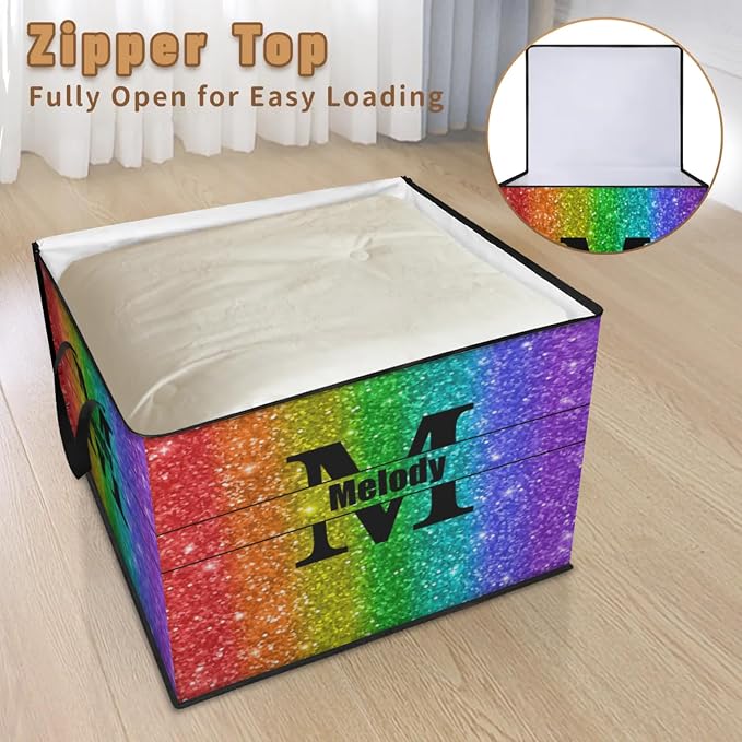 Custom Comforters Storage Basket with Lid, Personalized Name Large Organizer Bin for Clothes, Perfect for Rooms, Deep Colorful Sequins Red Green Blue Purple with Initial Letter