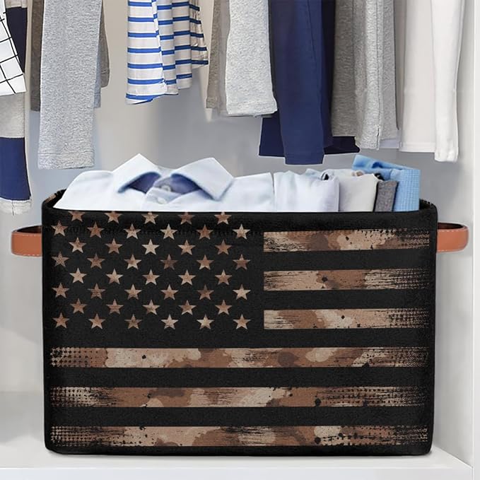 Pardick Flag Basket Storage Bins Rectangle Canvas Basket Cube Storage Box | Nursery Foldable Basket with Handle for Kids Girls Boys Toys Living Room Closet Organizer Shelf Gifts Camo Brown