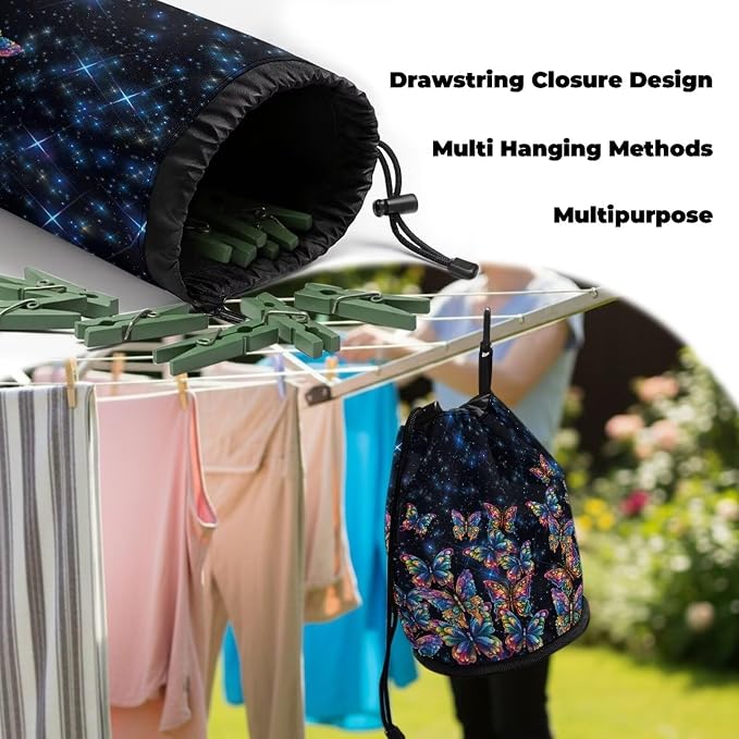 Rainbow Butterfly Clothespin Bag Holder Outside, Hanging Clothes Pin Bag with Drawstring Closure, Large-Capacity Clothespin Storage Organizer with Hooks