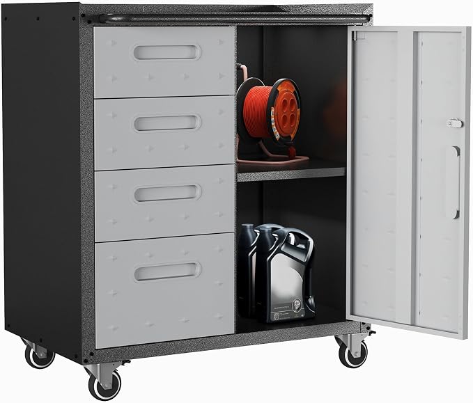 Metal Mobile Tool Storage Cabinet with 4 Drawer and 1 Locking Door | Heavy Duty Rolling Garage Tool Cabinets with Wheels,Metal Storage Cabinets,Assembly Required