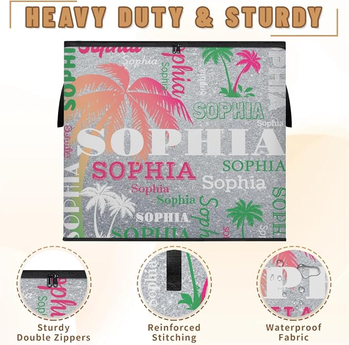 Personalized Name Large Storage Basket with Lid, Canvas Pink Green Tropical Palm Trees Storage Bins Quilt Clothes Organizer for Bedroom, Kitchen, Bathroom, Nursery, Shelves, Closets, Silver Glittery