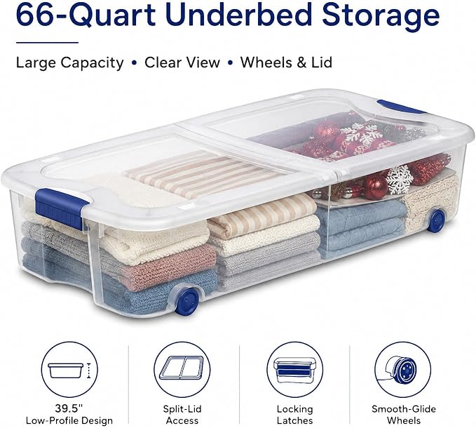 66 Qt Under Bed Storage Container, Wheeled Clear Latching Lid(2-Pack) | High capacity plastic, smooth gliding rollers, space saving clothing linens organizer, dorm wardrobe accessory