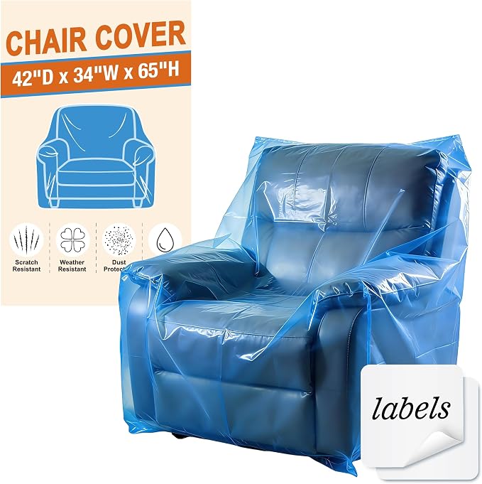 Extra Large Chair Moving Cover for Storage Transportation | Sofa Couch Clear Plastic Moving Cover with Labels, Waterproof and Dust Proof, Bag Open Size 65x 42 x 34 Inch, Blue