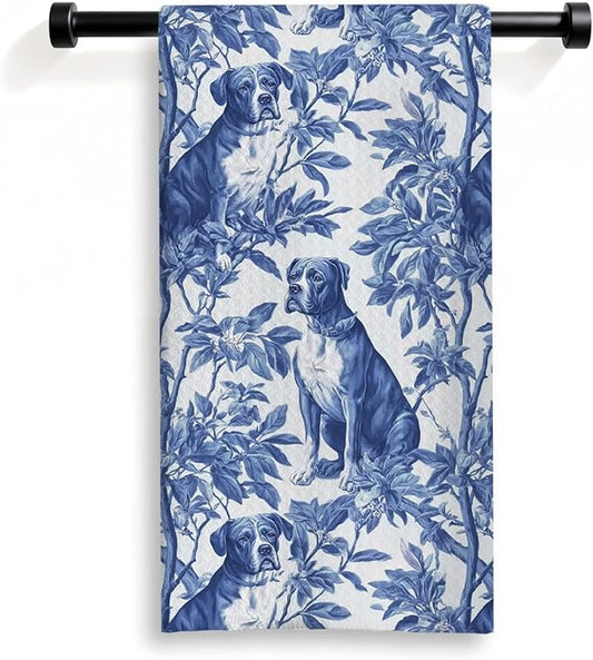 Pitbull Kitchen Dish Towels,Blue and White Floral Dog Towel Dish Tea Towels, Chinoiserie Decor for Kitchen Bathroom,Pitbull Gifts for Dog Lover Mom Dad,16x24 Inch