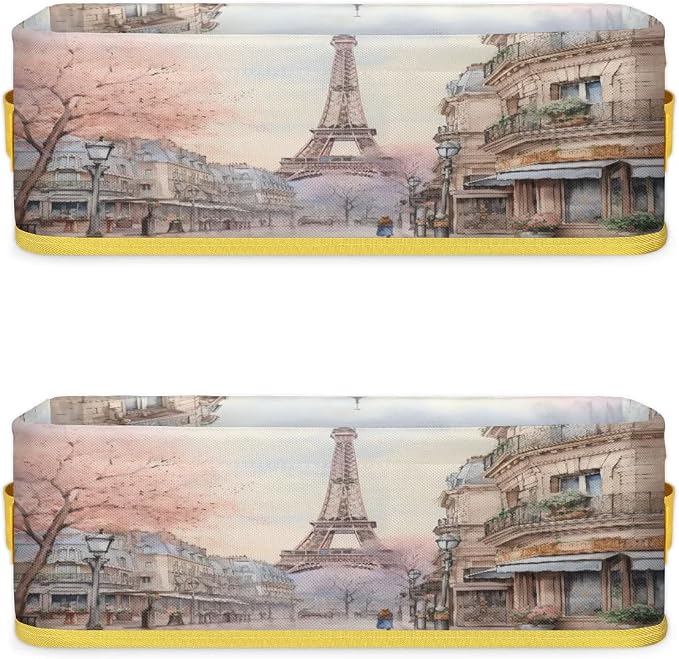 Paris Tower Architecture Bathroom Storage Basket, Foldable with Handle Open Countertop Paper Towel Decorative Box, Toilet Tank Top Shelf Baskets for Home Closet Bedroom Living Room Office