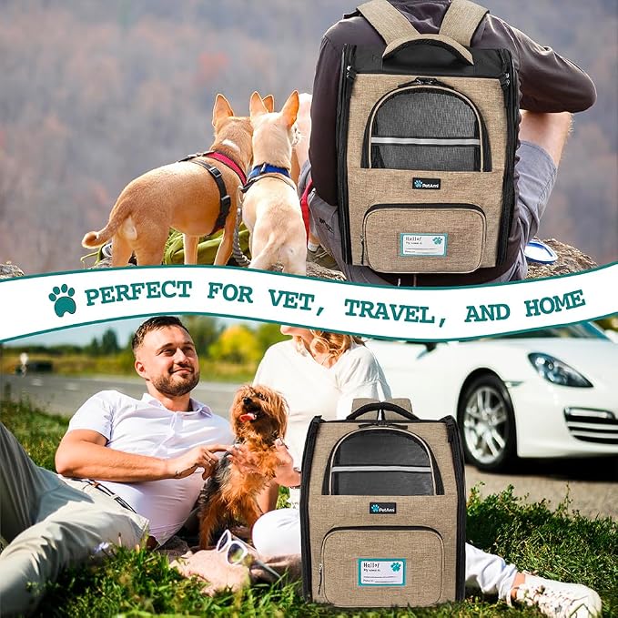 PetAmi Dog Backpack Carrier Airline Approved Cat Pet Puppy Bag, Taupe | Ideal for Small Medium Large Pet up to 18 lb, 2 Side Entry Structured No-Collapse Frame, Ventilated Bookbag for Hiking Travel