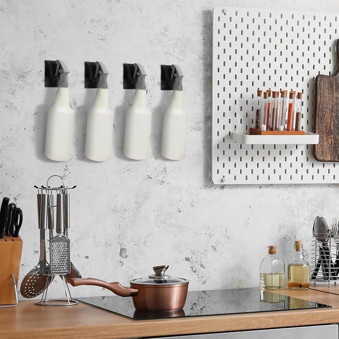 6 Pcs Adhesive Spray Bottle Hanger Wall Mount Metal Spray Bottle Hooks, Non Drilling Sprayer Bottles Holder Stubborn Adhesive Black Universal Easy Clean for Wall Cabinet Kitchen Under Sink