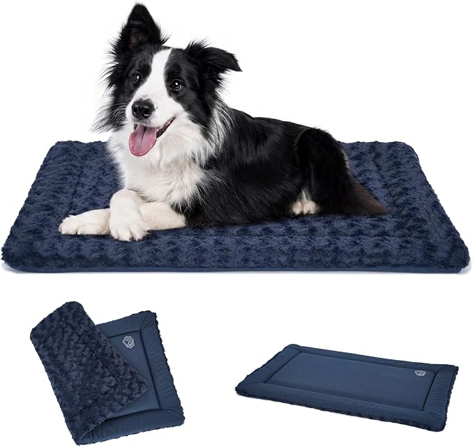 EMPSIGN Dog Crate Pad for 36"x24" Dog Crate, Plush/Canvas Navy | Reversible Kennel Mat (Cool & Warm), Machine Washable, Cozy Plush Sleeping Pad, All-Season Pet Bed