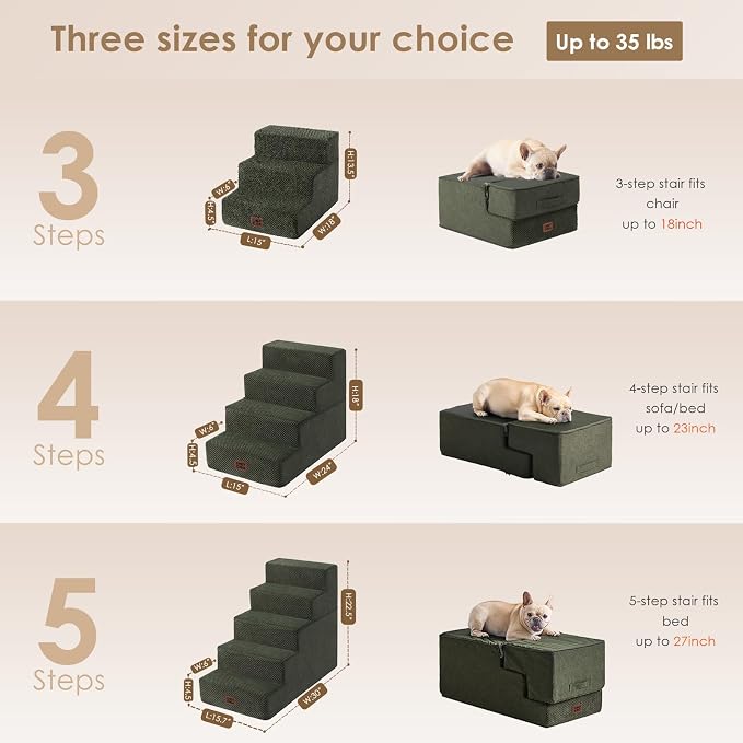 EHEYCIGA Dog Stairs for Small Dogs 13.5" H, 3-Step Dog Steps for Cats, Military Green