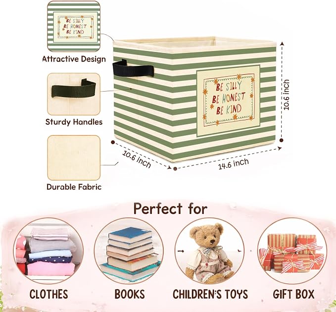 Kindness Storage Bin, Green Stripe Foldable Fabric Basket | Be Silly Be Honest Be Kind fabric organizer for nursery, bedroom, playroom, toys, books, and clothes