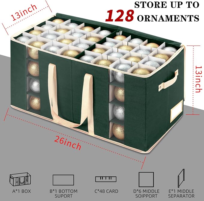 Christmas Ornament Storage Box with Adjustable Dividers and Side Pockets, Large Ornaments Storage Container Bin with Zippered Top for Xmas Decorations (128-3" Balls, Green, Without Tray)