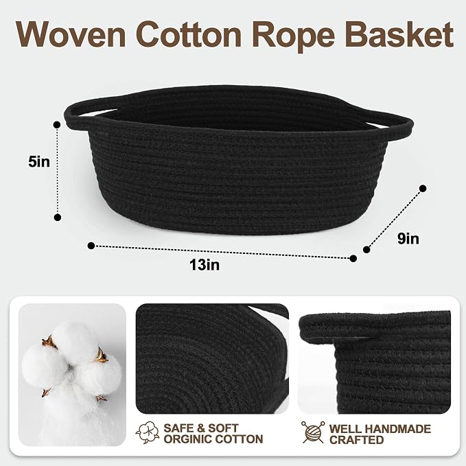 Small Basket for Gifts Empty, Woven Cotton Rope Gift Basket, Cute Kids Dog Cat Toy Bin Box, Baby Nursery Organizer, Decorative Storage Bin for Shelves, Easter, Home Decor, 13"x9"x5", Black