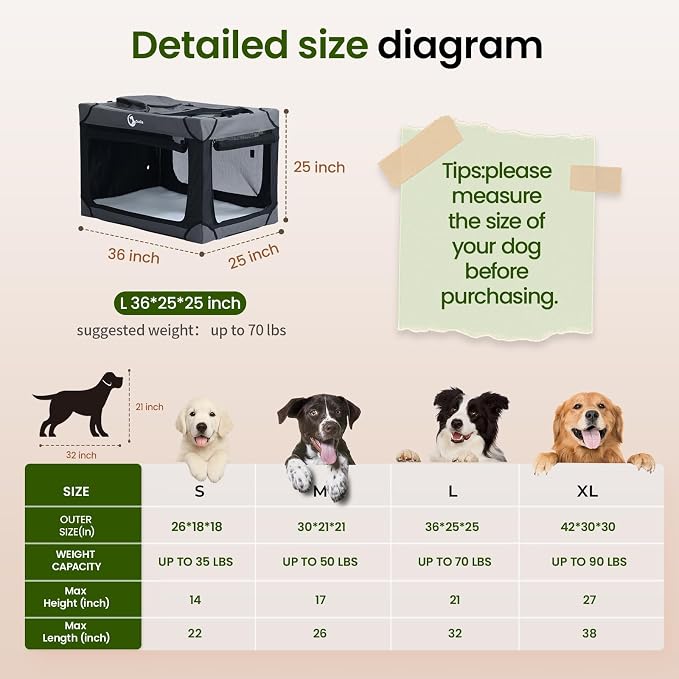 Portable Collapsible Soft Dog Crate for Large Dogs, 36in Black | Oxford Cloth Travel Camping dog kennel with 4 Mesh Windows & 2 Storage Pockets,for Indoor & Outdoor Use
