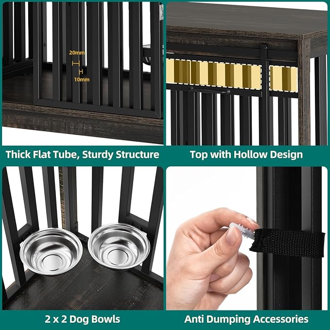 DWVO 71" Double Dog Crate Furniture for 2 Medium Dogs with Dog Bowls | Heavy Duty Wood Dual Dog Kennel TV Stand with Sliding Doors, Decorative 2 Dog Cage Table for Extra Large Dogs Black Oak