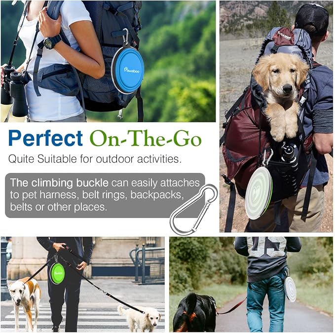 Pawaboo Silicone Collapsible Dog Bowls 2 Pack, Blue + Green, 5.1 x 3.5 x 2.1 in, 13 x 9 x 5.5 cm, Lid Included, Portable, Easy Cleanup, Suitable for Small to Medium Dogs | Feeding Watering Bowls for Dogs Cats, Collapsable Water Feeder Food Bowl for Wal...