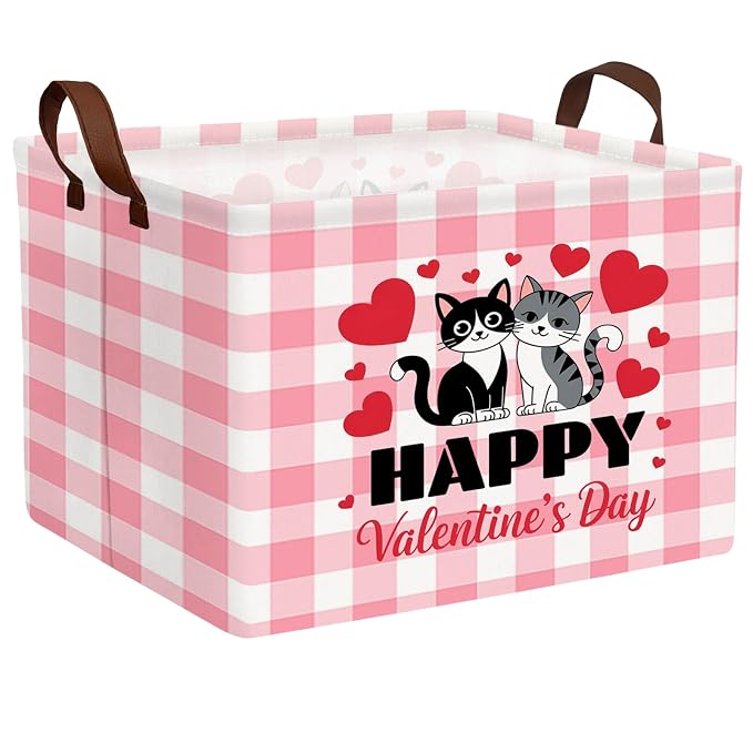 Cute Large Valentine's Day Gift Basket Empty Heart Decor Storage Bin for Kid Baby Room Décor (Pink Checkered Cat)