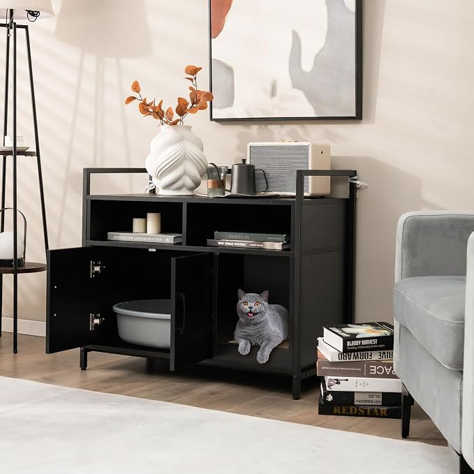 GIANTEX Cat Litter Box Enclosure, Hidden Cat Cabinet Furniture, Dog-Proof | Scratch Pad, Front Entry, Double Doors, 2-Compartment Storage, Wooden Pet House Washroom End Side Table for Living Room