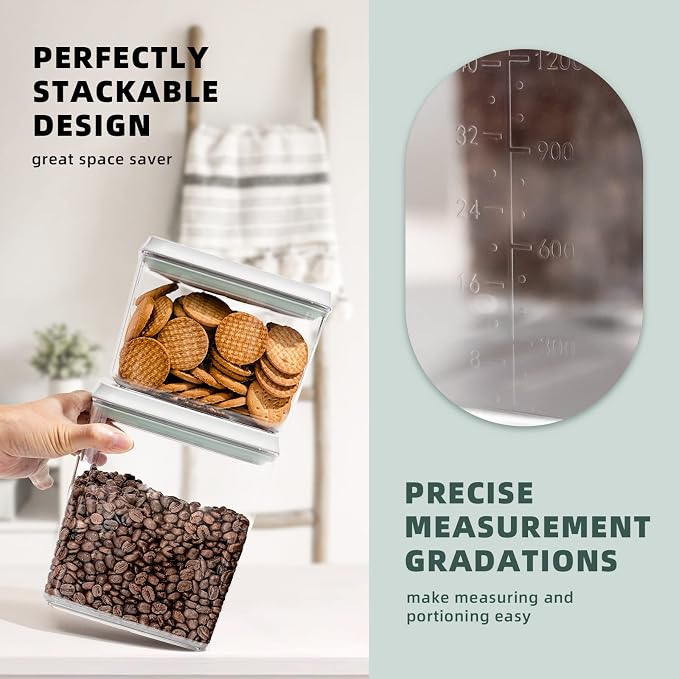 Airtight Food Storage Containers, 8-Piece Pantry Organizer Set | One-Touch Pop-Top Lids, Clear Stackable Bodies and Measurement Marks for Flour, Sugar, Cereal, Pasta, Oats and Dry Snacks