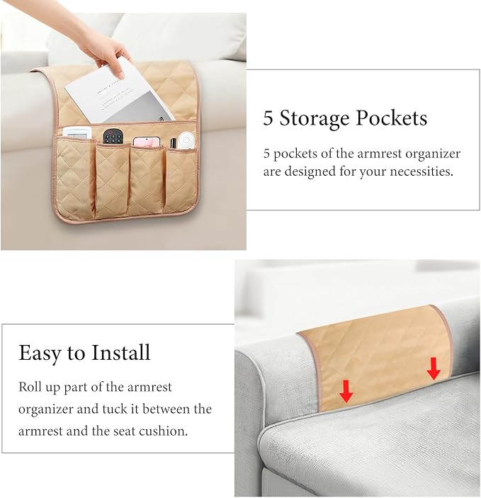 Armchair Caddy for Recliner, Non Slip Sofa Arm Organizer, Khaki | 5-Pocket Recliner Armrest Organizer, Couch Side Storage Holder for Remotes, Cell Phone, Magazines & Tablets, Machine Washable