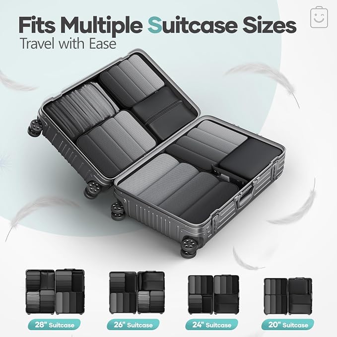 Veken 8 Set Compression Packing Cubes Garment Bags for Travel Essentials,Compressible Expandable Luggage Organizer Bags for Clothing,Space Saver Bags with Over 1000 pcs of Mesh Holes(Black)