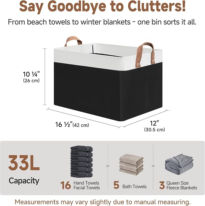 StorageWorks Closet Storage Bins, Black and White, Large, 2-Pack | With Reinforced Soft PU Handles, Sturdy Metal Frame, Collapsible Basket for Shelves, Closet, Holds Clothes, Towels, Blankets