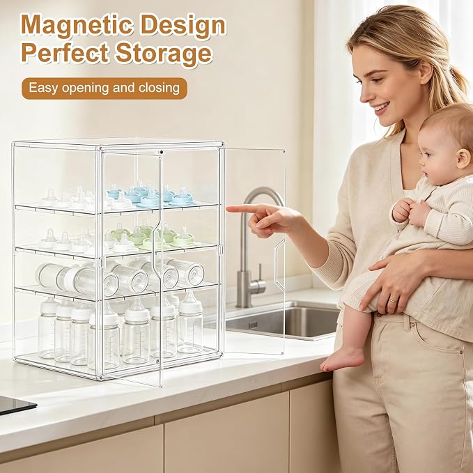 ERTIUANIO Baby Bottle Organizer for Countertop Cabinet Storage | 4 Tier Adjustable Clear Acrylic Station Container with 3 Removable Dividers for Vanity, Bathroom, Nursery, Gifts for New Mom