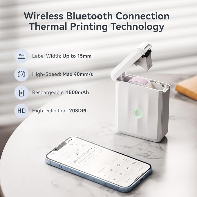 NIIMBOT D110 Mini Label Maker Machine with Tape for Home School, White | Portable Label Printer Bluetooth Thermal Sticker Labeler with Multiple Templates for Office Kitchen Jars Organization