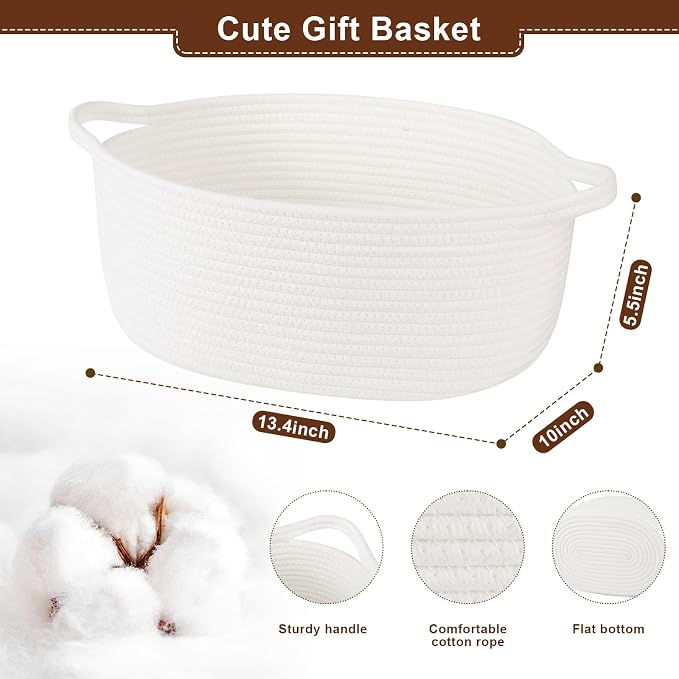 OIAHOMY Gift Basket with Handle, 15.4"x 11.4"x 6.7" Woven Basket with Gift Bag, Ribbon and Wrap Tissue Paper, Nursery Bins Empty to Fill with Towels, Baby, Pet Toy Organizer - White