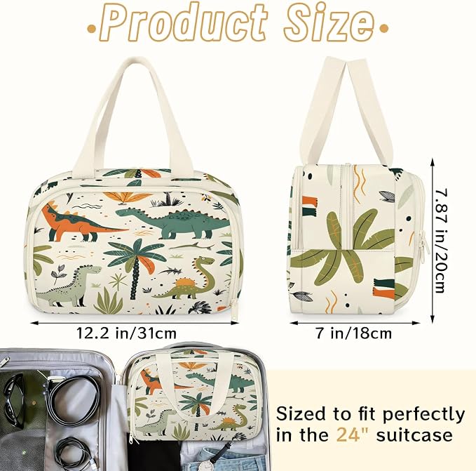 Cute Dinosaur Travel Toiletry Bag with Handle | Wet & Dry Separation, Full-Size Bottle Friendly, Leak-Proof, Waterproof, Easy to Clean, for Travel, Gym, Home