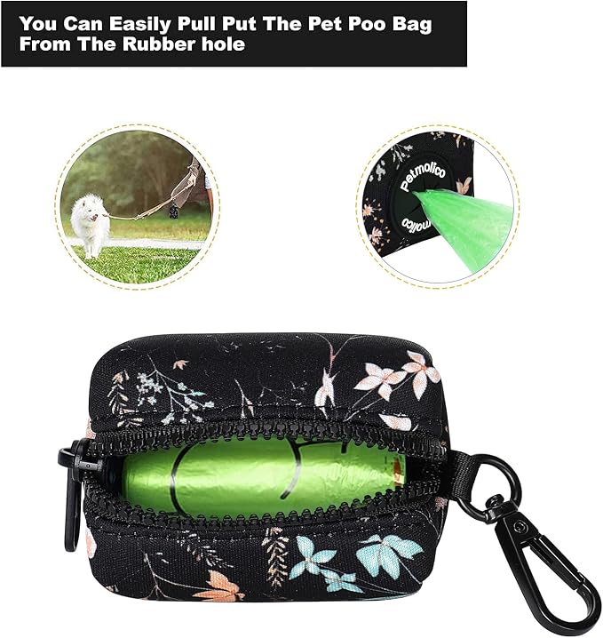 Petmolico Dog Poop Bag Holder Dispenser 2 Pack, Yellow White Blooming | Zippered pouch fits any leash, includes free roll of bags, lightweight & portable for daily walks, travel & outdoor use