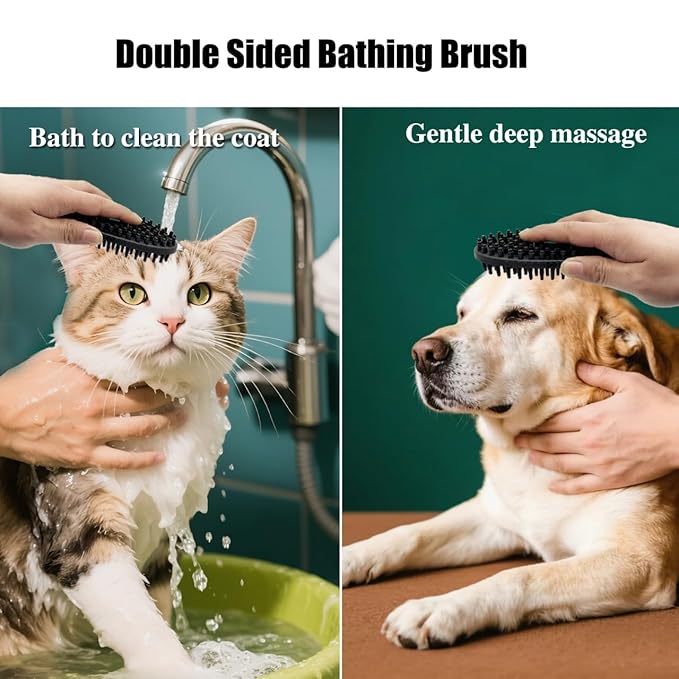 ROPO Double Sided Dog Bath Brush, Pet Grooming Tool with Long and Plum Blossom Teeth, Deep Cleaning and Massage (Black)