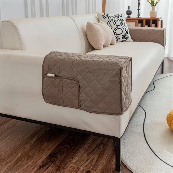 Modern Couch Arm Covers Universal Arm Rest Covers for Sofa Thickened Arm Chair Covers Set of 2 with Pockets Waterproof and Ant-Slip Armrest Organizer(Khaki)