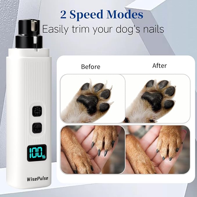 Dog Nail Grinder Quiet & Safe: 2-Speed Electric Grinder with 2 LED Lights & 2 Grinding Heads, Low Vibration & Silent Rechargeable Trimmer for Large Small Medium Dogs & Cats(White)