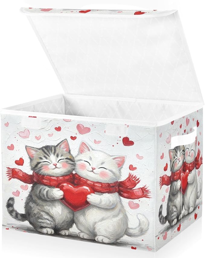 Fabric Storage Bins with Lid Cat Kitten Hug Closet Storage Basket 40L | Foldable & Stackable, Flip Top Dust Guard, Reinforced Handles, Home & Bedroom, Clothes & Toys, Oxford Print Basket