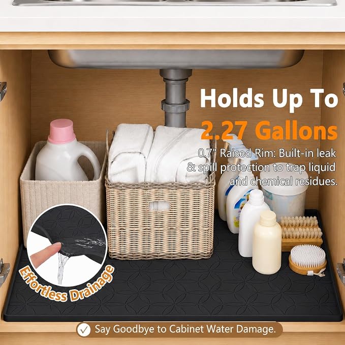 34"x22" Waterproof Cabinet Protector Silicone Under Sink Tray(Black) | Thick Silicone Under Sink Drip Tray with Protective Lip, Flexible Anti-Slip Mat for Kitchen, Bathroom, Laundry & RV