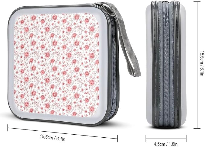 Portable CD/DVD Holder Pink Flowers Rose Floral, 40-Capacity Hard Case with Zipper, Protective Storage Binder for Music Movies Game Discs