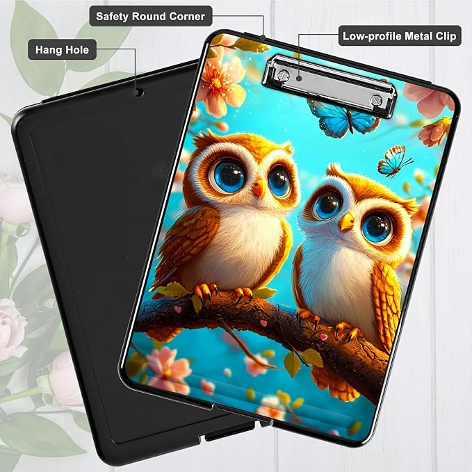 Owl Blue A4 Clipboard with Storage Pen Holder, Clipboards Organizer Nursing Clipboard Foldable File Folder Plastic Clipboard Folio Clip Board for Office Students Classroom Doctor